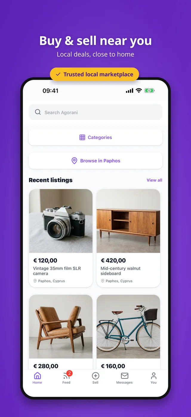 Agorani home feed with the tagline 'Buy & sell near you' showing nearby marketplace listings in Paphos, Cyprus