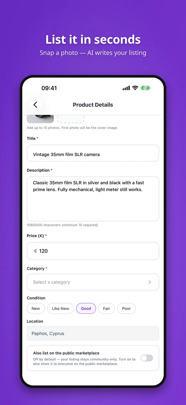 Agorani AI-assisted listing creation screen with photo, auto-generated title and description, price, and category fields