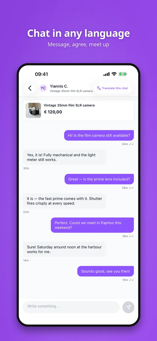 Agorani buyer-seller chat with a translate-this-chat option for cross-language conversations
