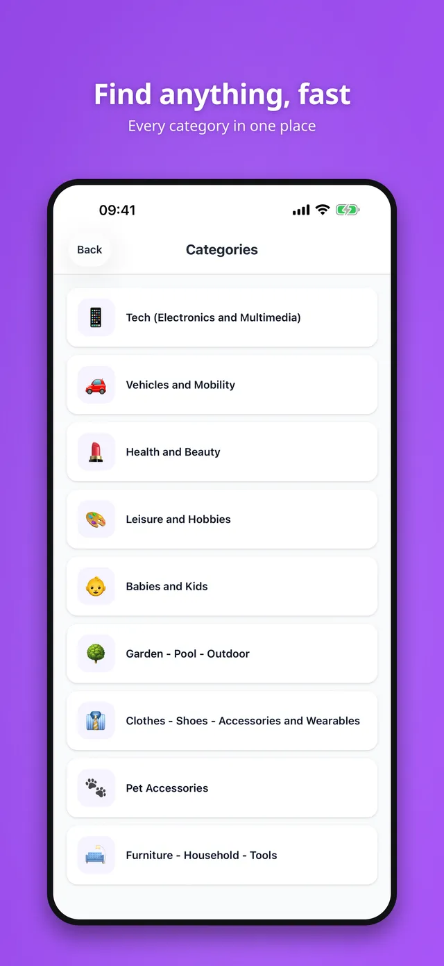 Agorani categories screen listing browsable marketplace categories from tech to furniture