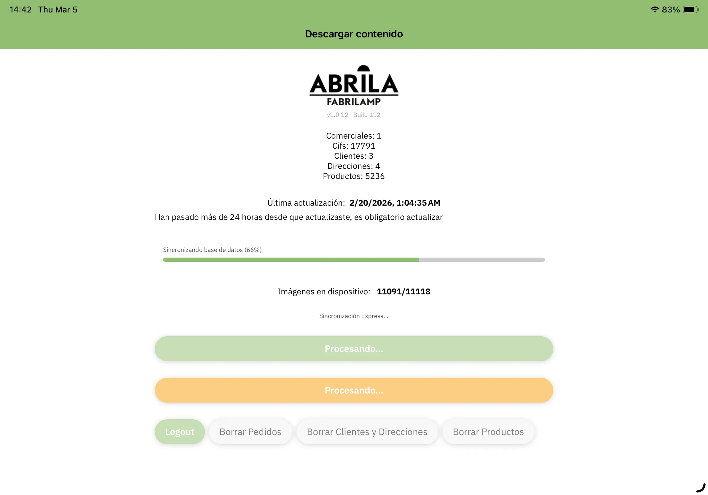 Abrila Salesman data sync screen showing database sync progress and device image statistics