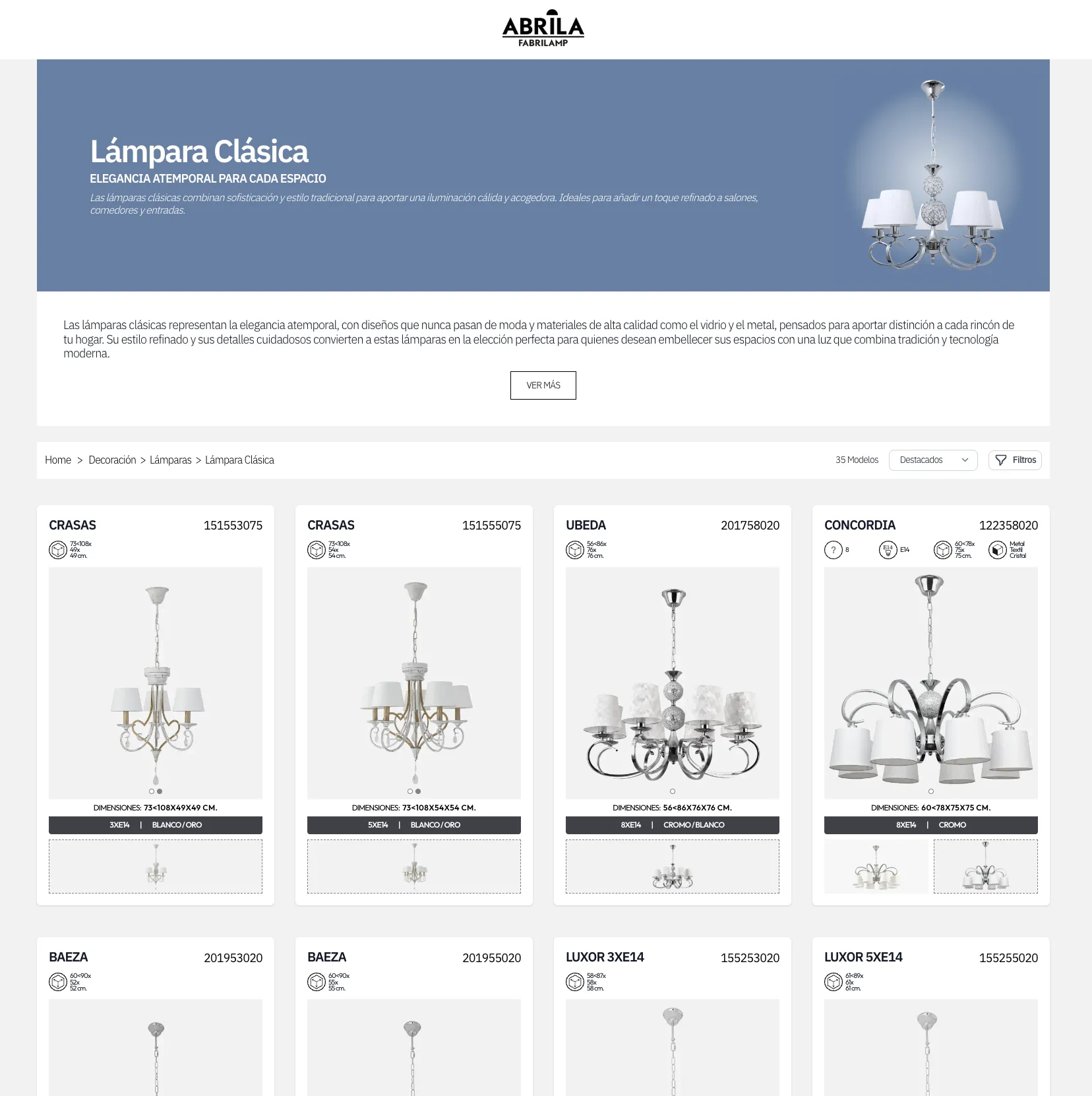 Abrila Web classic lamp collection page with breadcrumb navigation and chandelier product grid