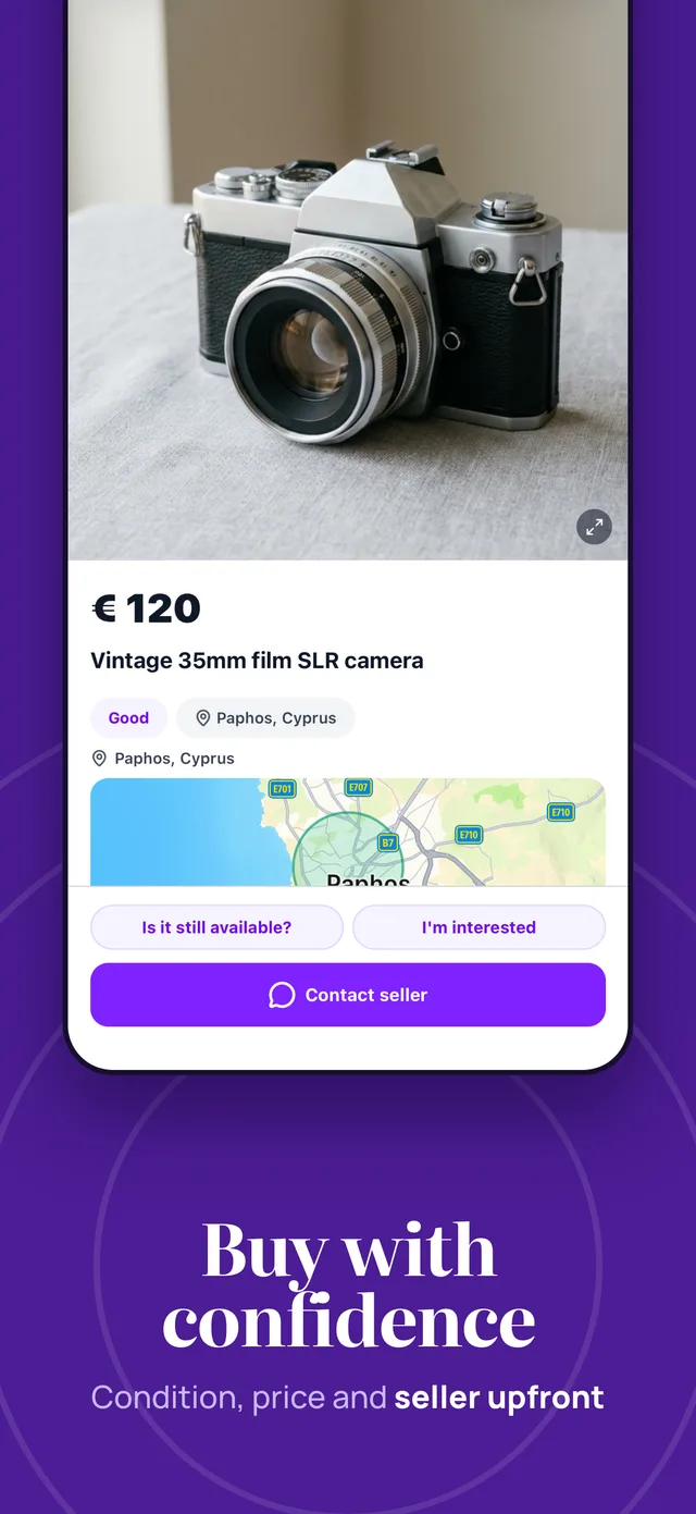 'Buy with confidence' — a listing detail screen with item photo, price, condition, map location, and contact-seller actions