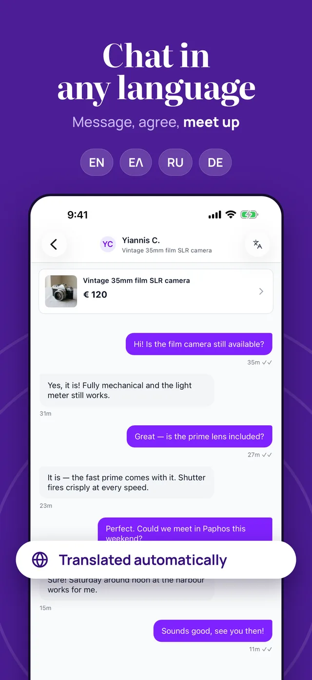 'Chat in any language' — buyer and seller chat with automatic translation between languages
