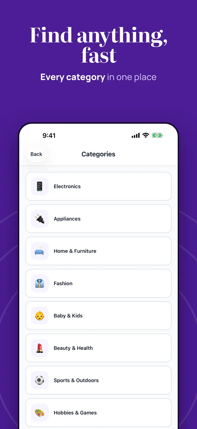 'Find anything, fast' — the Agorani category list covering electronics, appliances, home and furniture, fashion, and more