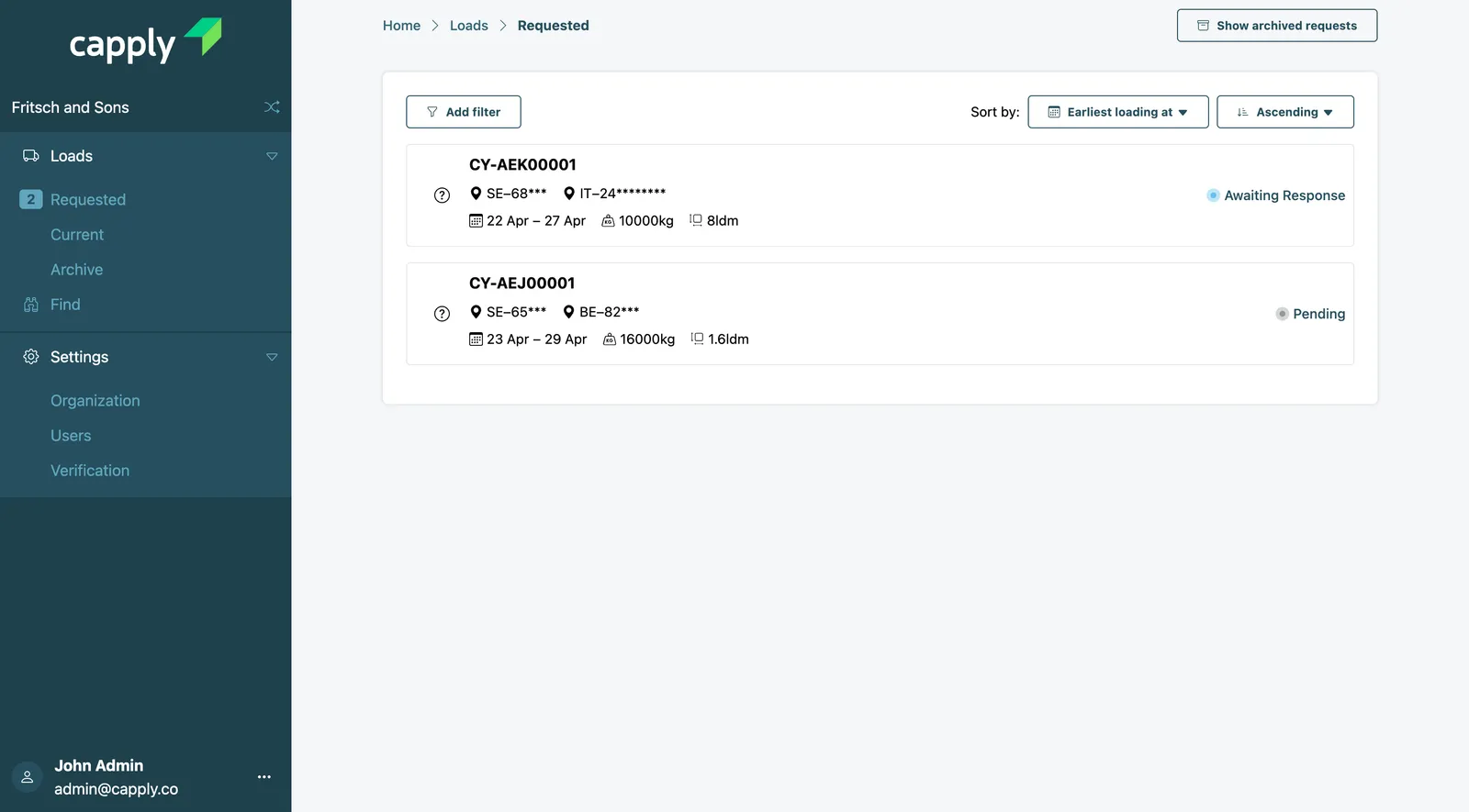 Capply requested loads view showing carrier quote requests awaiting response