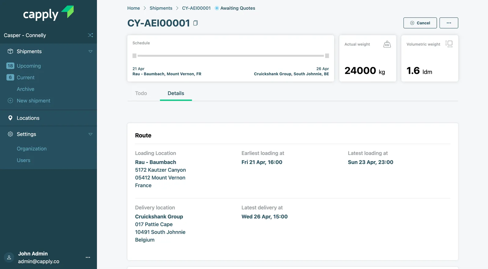 Capply shipment details tab showing full route with loading and delivery addresses and dates