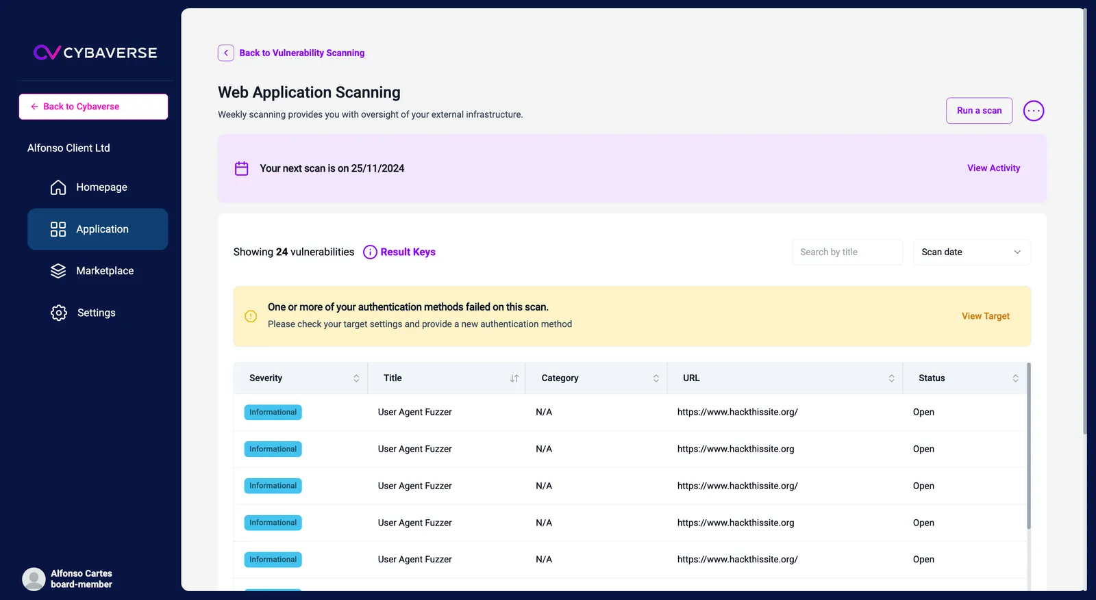 Cybaverse Web Application Scanning results table listing informational-severity findings from a scheduled scan