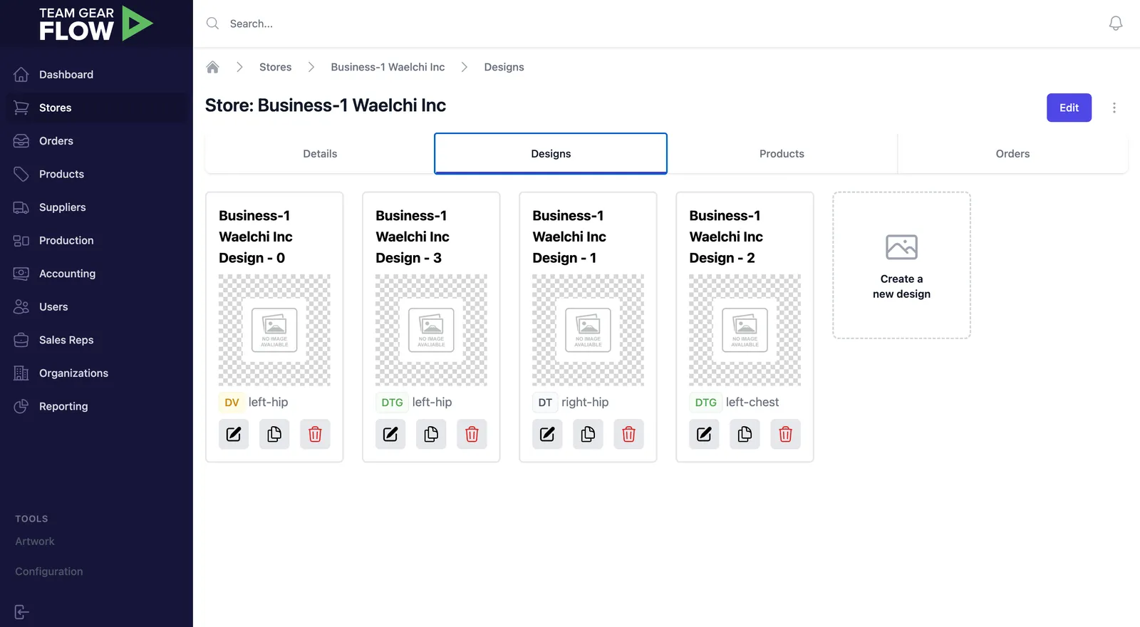Team Gear Flow store Designs tab showing decoration design cards tagged with DTG/DT print methods and placements like left-hip and left-chest