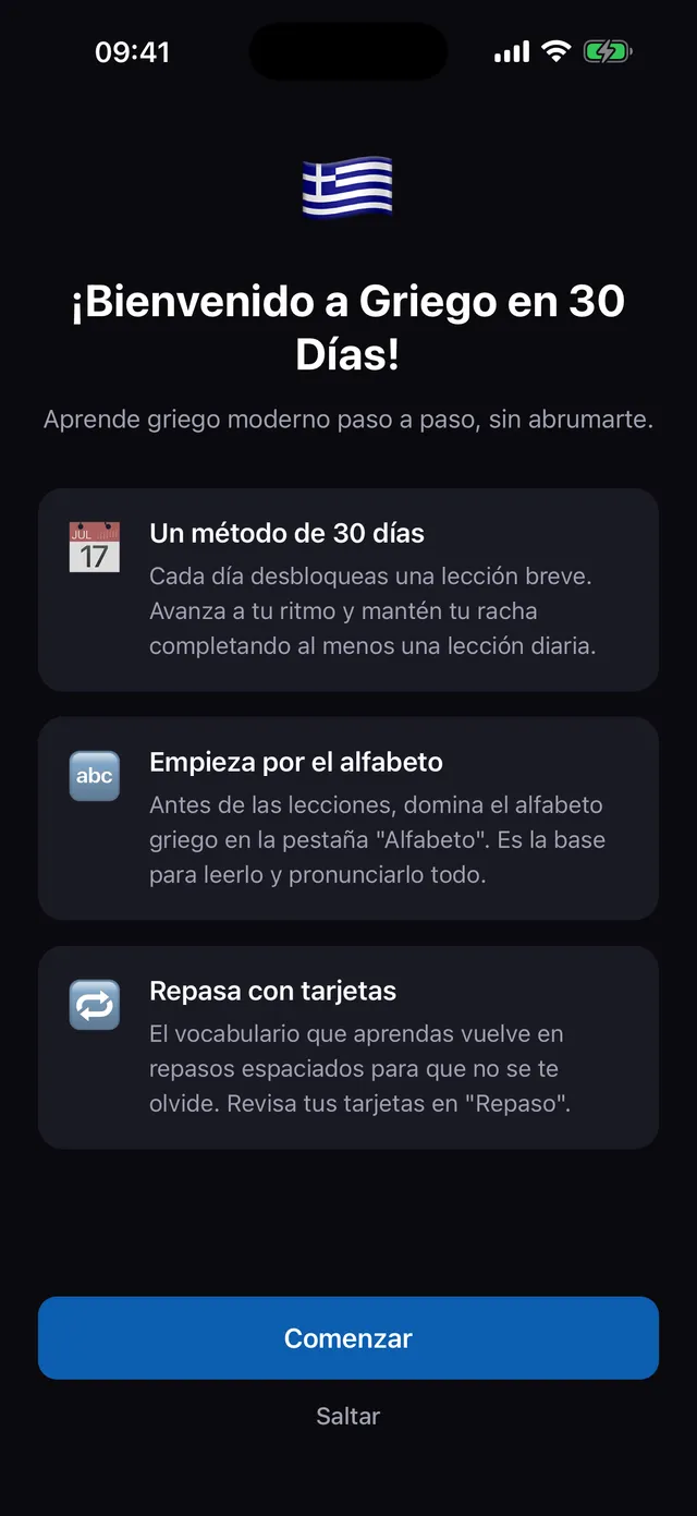 Griego en 30 Días onboarding screen introducing the 30-day method for Spanish speakers learning Greek, UI in Spanish