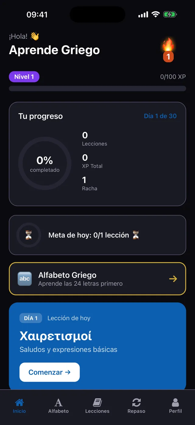 Aprende Griego home screen with a Día 1 de 30 progress ring, streak counter, and today's lesson card, UI in Spanish