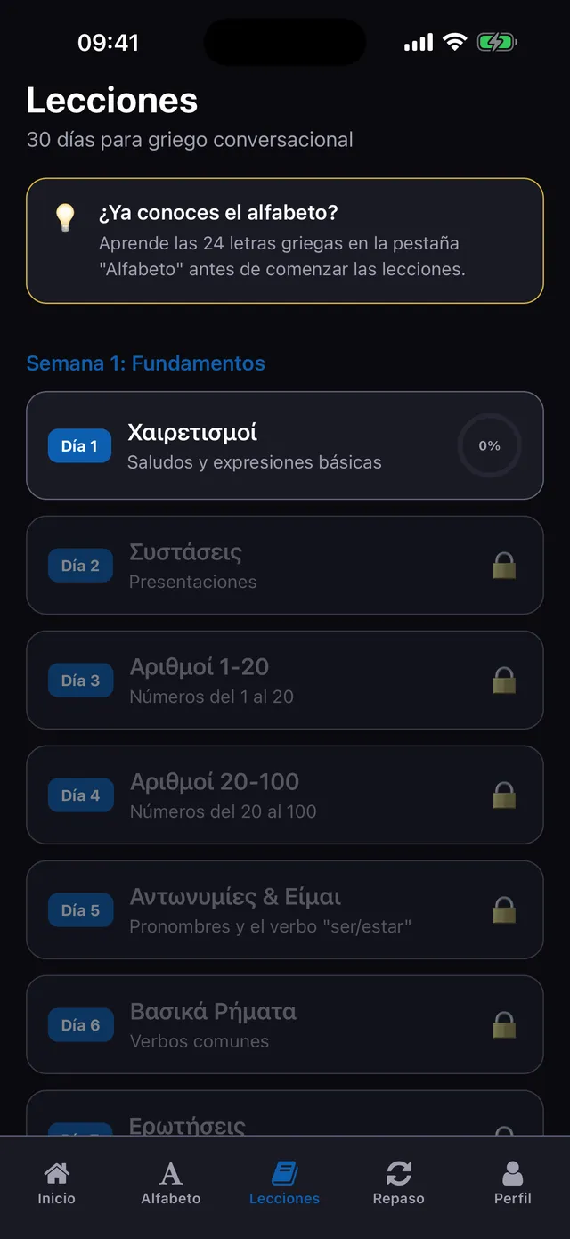 Lecciones tab listing the 30-day Greek curriculum grouped by week, UI in Spanish