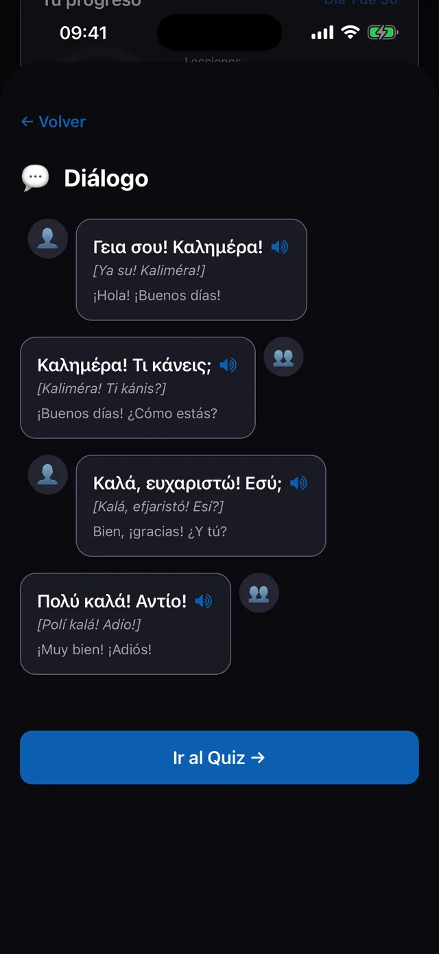 Diálogo screen with a sample Greek conversation, phonetic transliteration, and Spanish translation