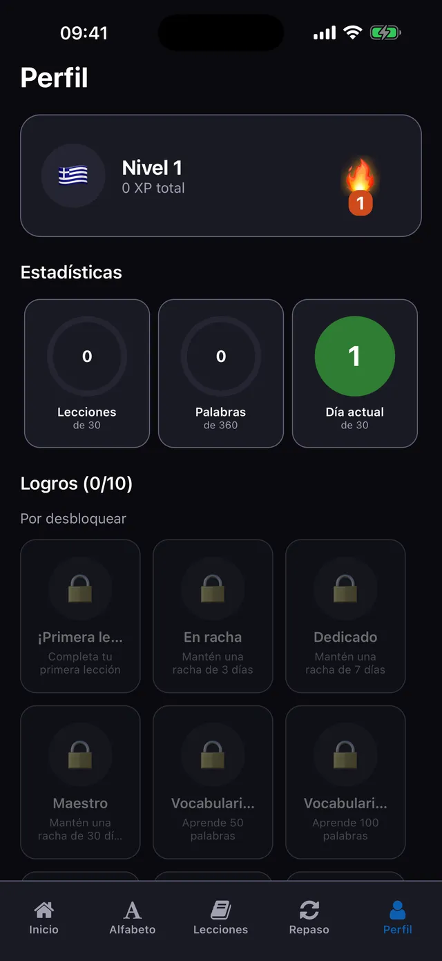 Perfil tab showing level, total XP, streak, and locked achievements, UI in Spanish