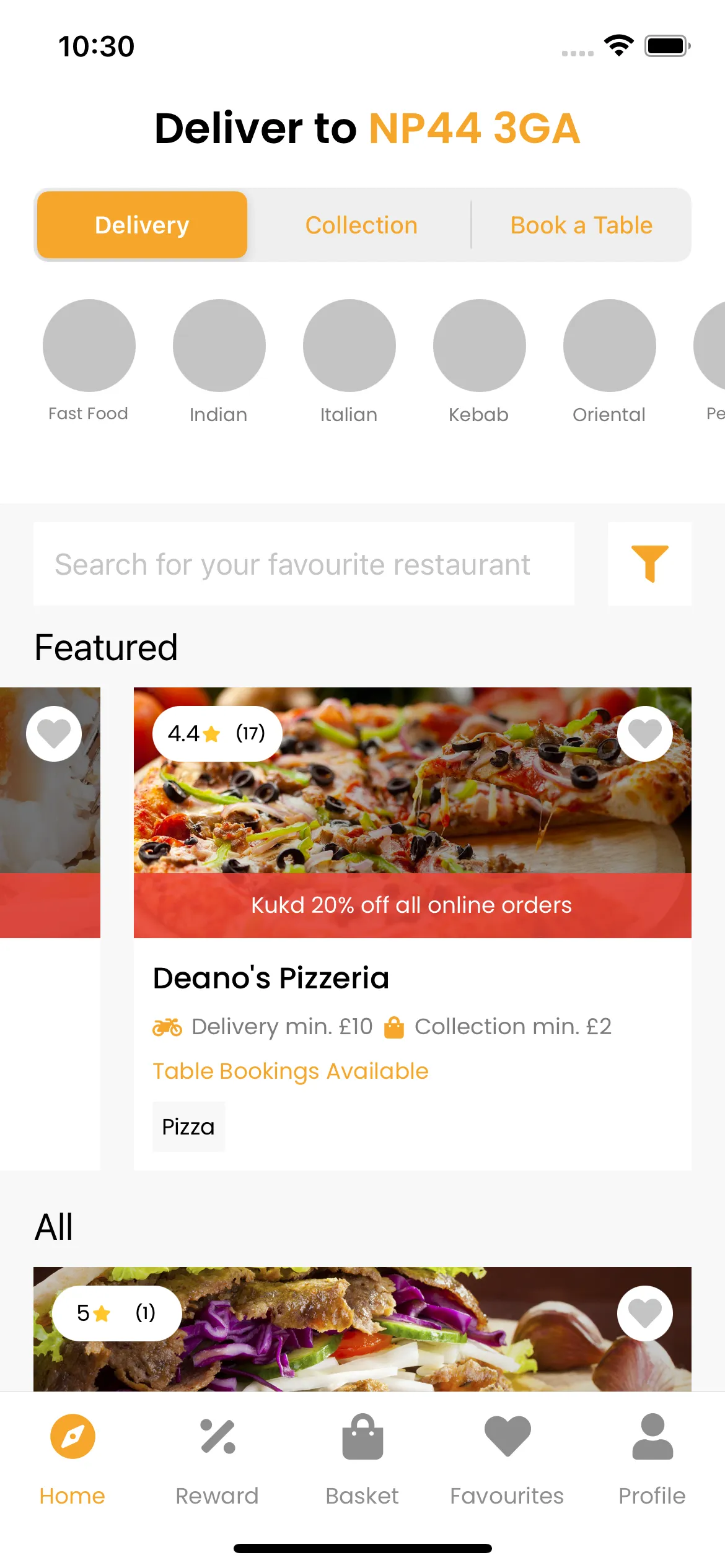 KUKD React Native app home screen with restaurant listings and categories