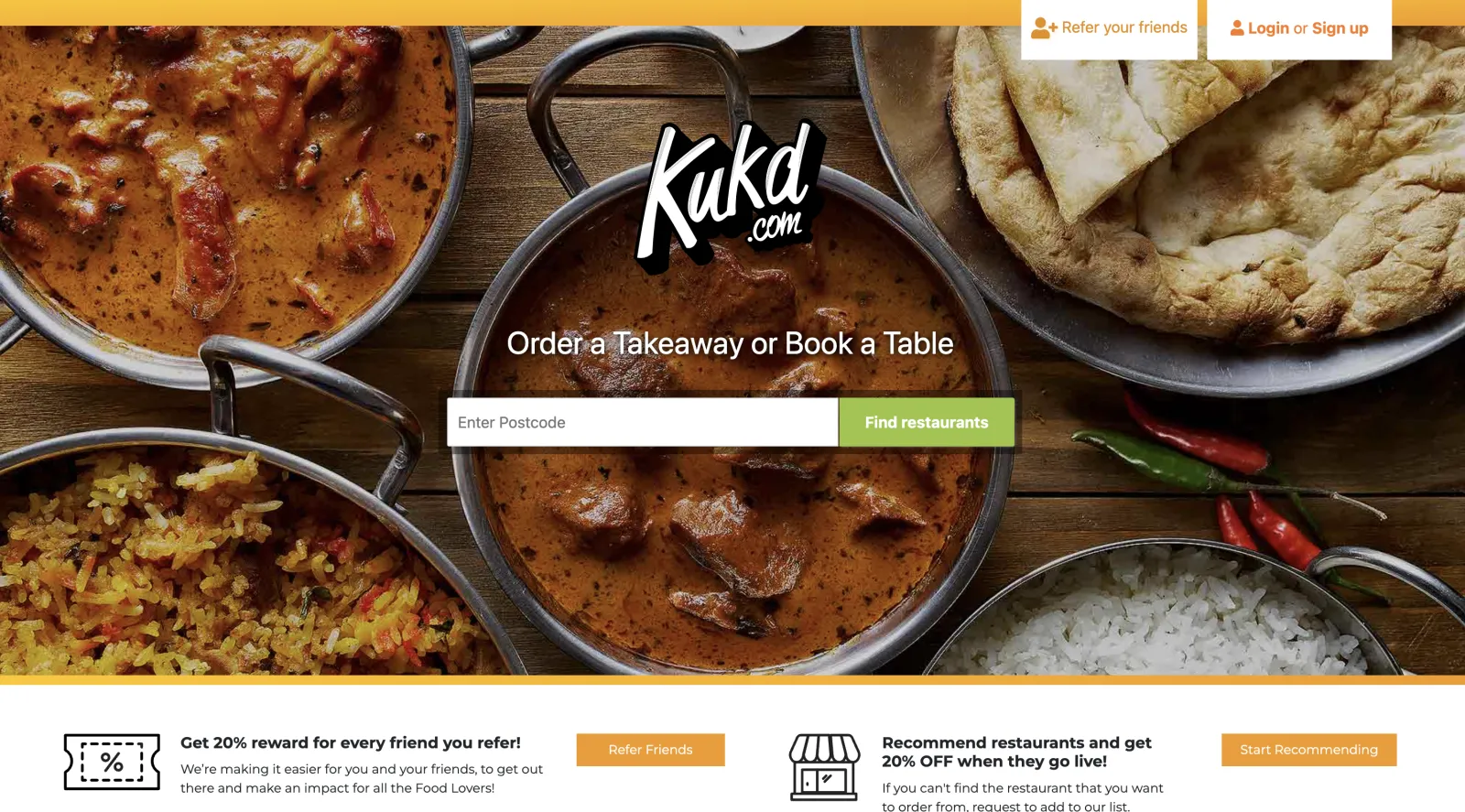 Kukd.com homepage showing food delivery and restaurant discovery interface