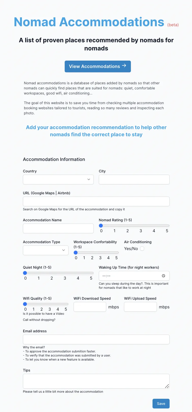 Nomad Accommodations web app showing accommodation listings with filters and search