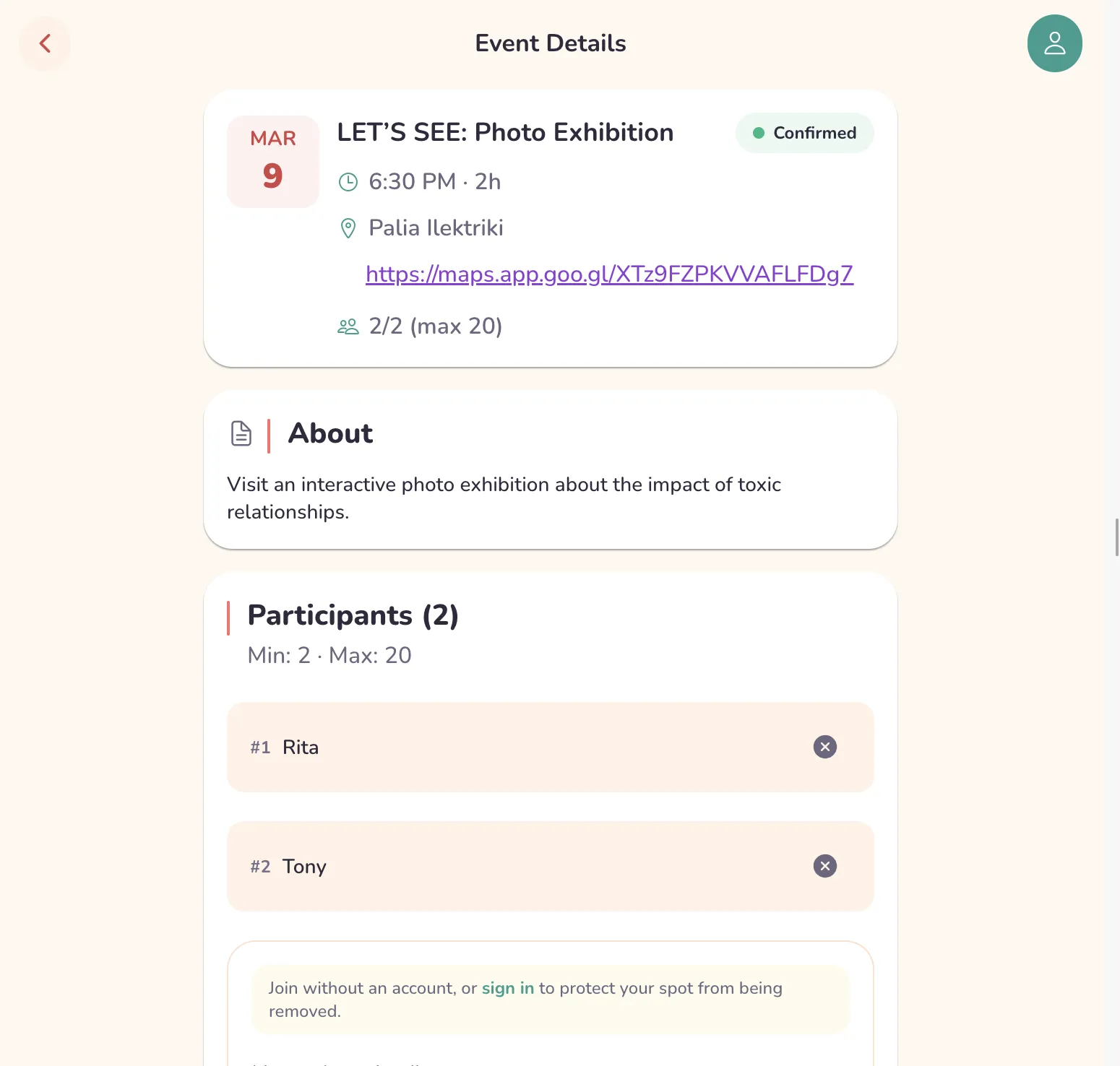Event details page showing date, time, location with Google Maps link, about section, and participant list