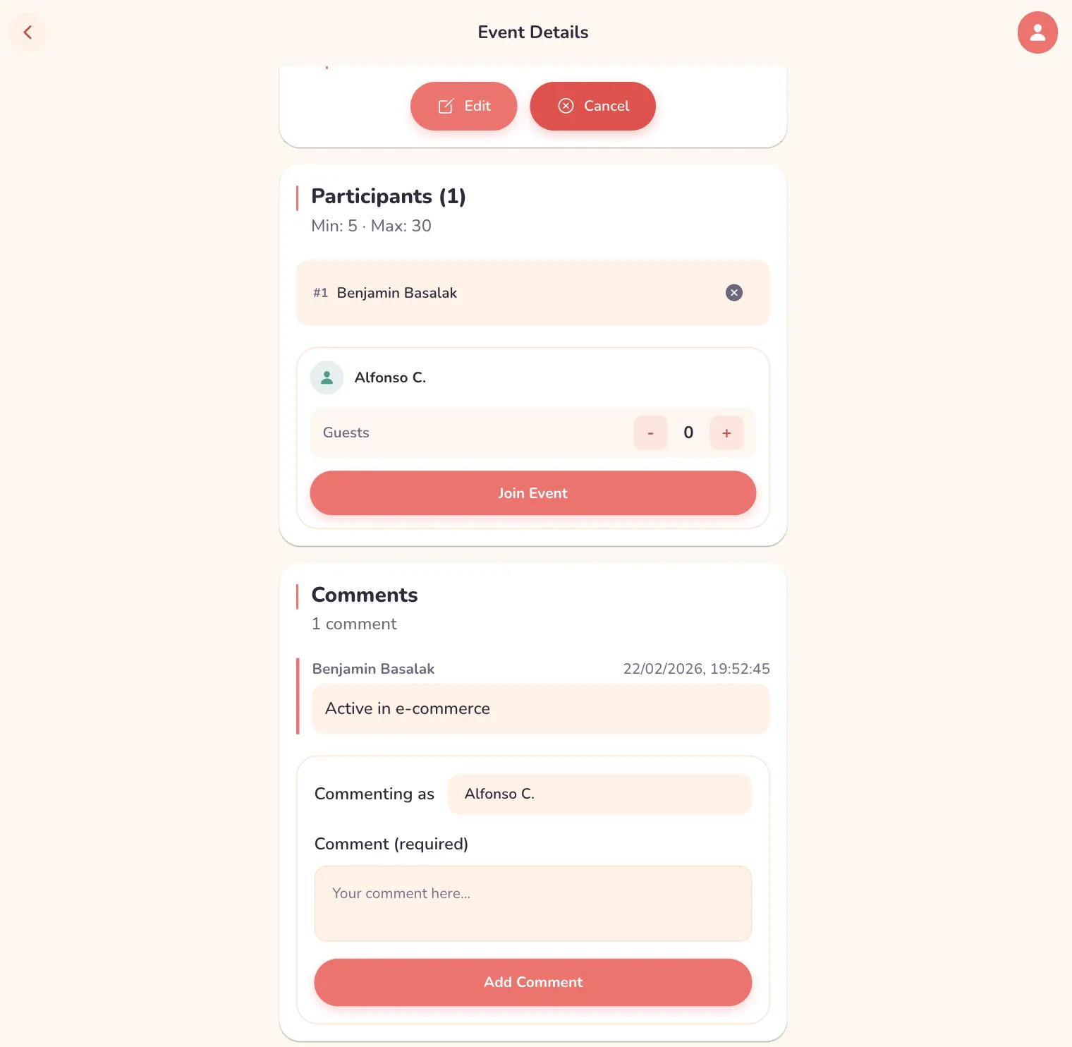 Event interaction view with participant list, join button with guest counter, and threaded comments section