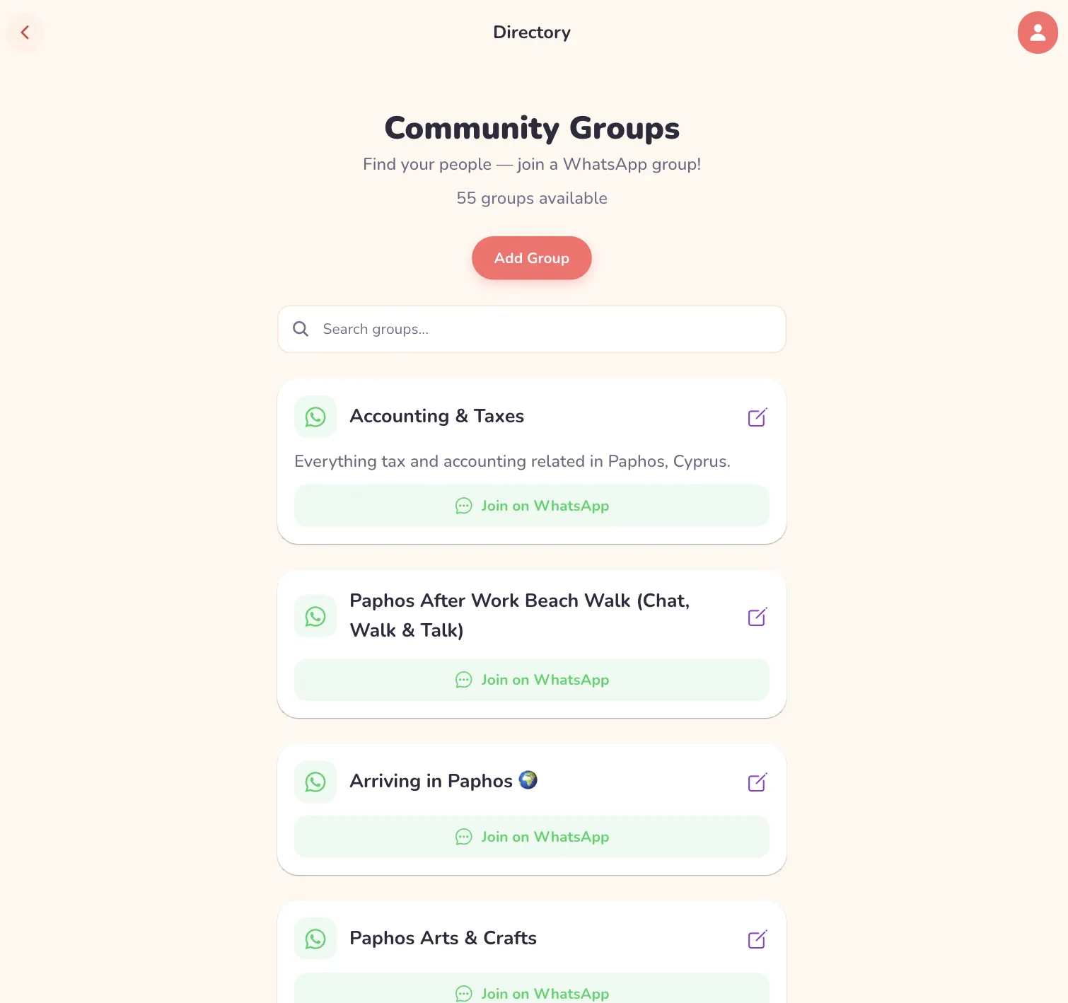 WhatsApp community groups directory with search bar showing groups like Accounting & Taxes, Beach Walk, and Arts & Crafts