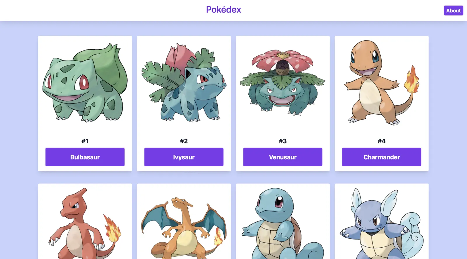 Pokedex SSG app homepage showing Pokemon grid with search and filter functionality
