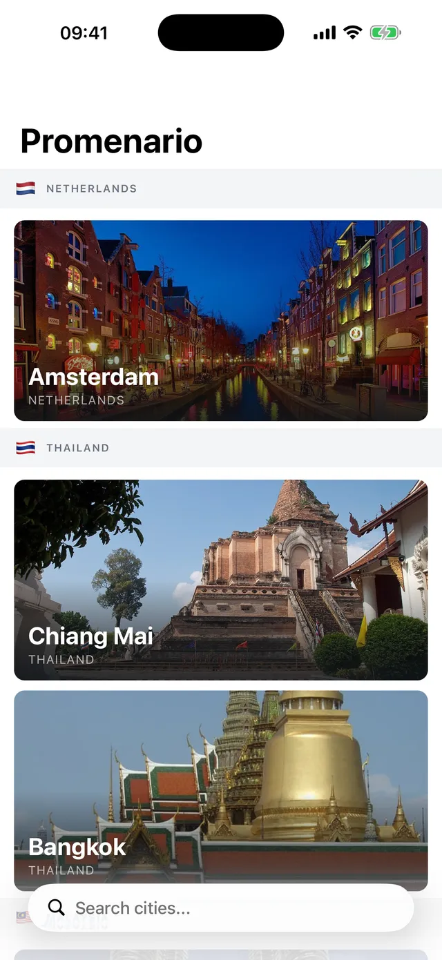 Promenario mobile app city list home screen, grouped by country, with a Search cities bar
