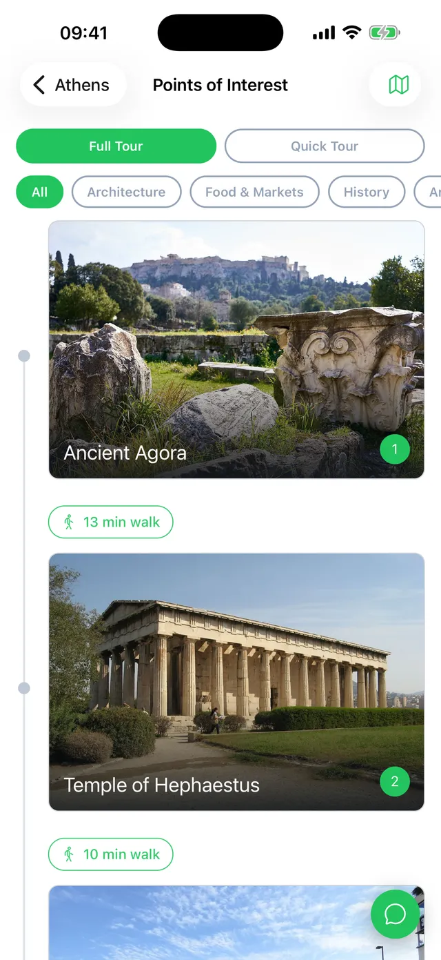 Promenario app Athens points-of-interest list with Full Tour/Quick Tour toggle, theme filter chips, and POI cards on a walking-time route timeline
