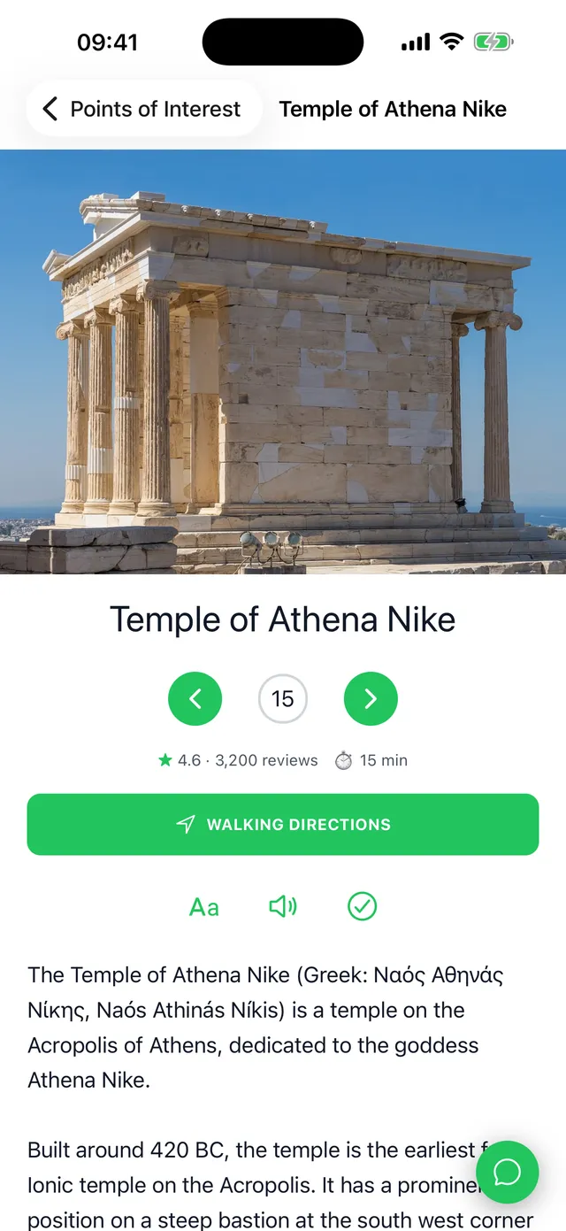 Promenario app POI detail screen for the Temple of Athena Nike, with photo, rating, walking directions, and audio narration controls