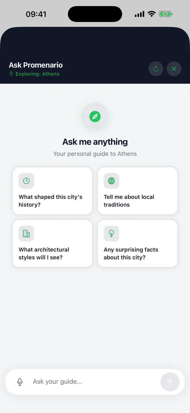 'Ask Promenario,' a city-scoped AI travel-guide chat with suggested prompts and voice input