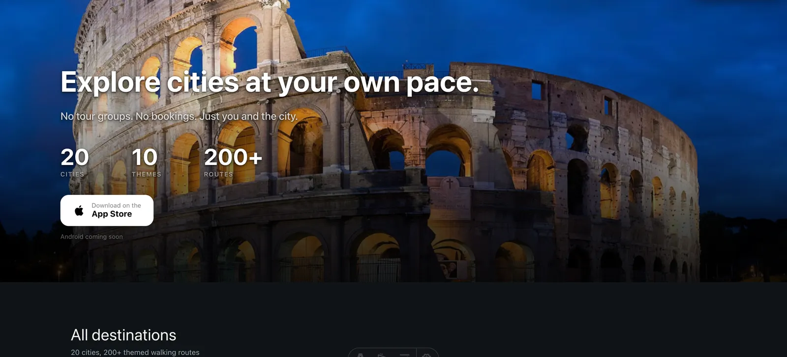 Promenario homepage hero over a Colosseum night photo, showing 20 cities, 10 themes, and 200+ walking routes