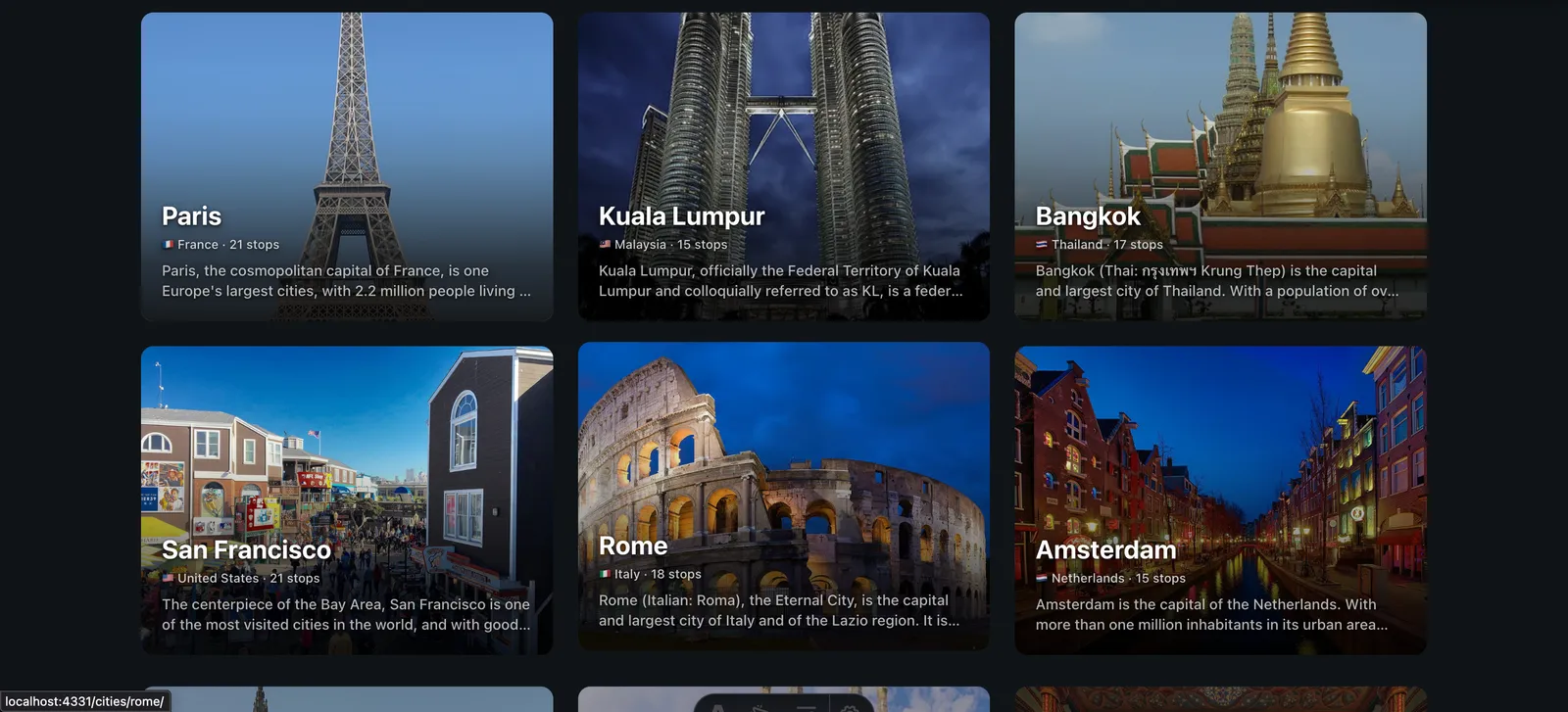 Promenario All destinations grid with city cards for Paris, Kuala Lumpur, Bangkok, San Francisco, Rome, and Amsterdam