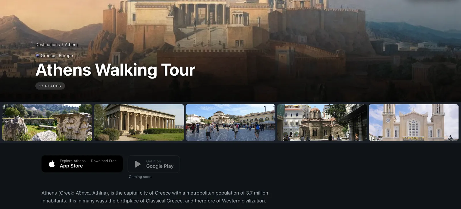 Promenario Athens Walking Tour city guide page with a photo strip of curated stops along the route