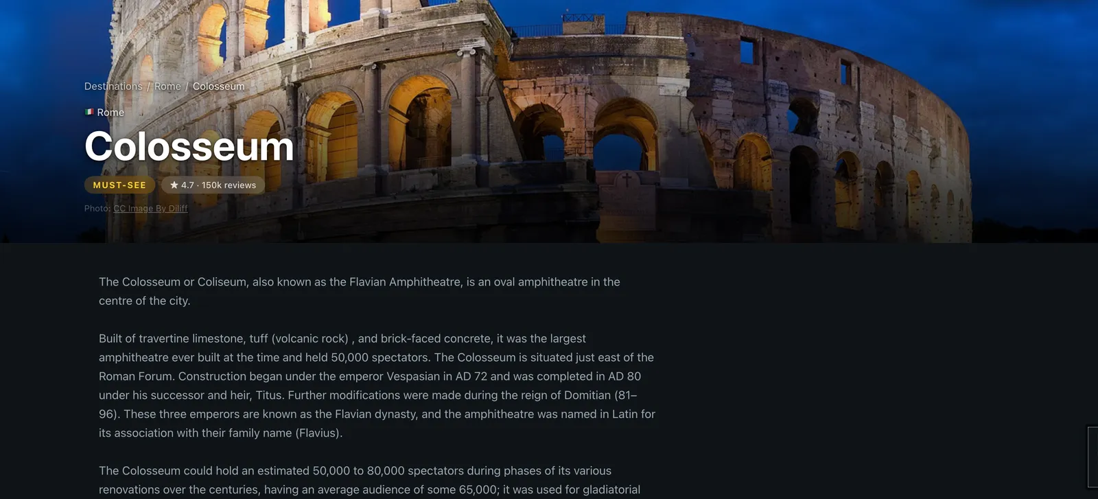 Promenario Colosseum attraction detail page marked Must-See with a 4.7 rating from 150k reviews