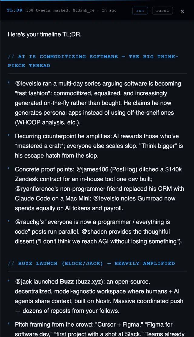 AI-generated TL;DR of an X timeline, grouped into themed sections with a Worth-Opening list