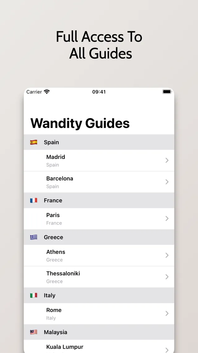Walking Tour Guides city list grouped by country, including Madrid, Paris, Athens, Rome, and Kuala Lumpur