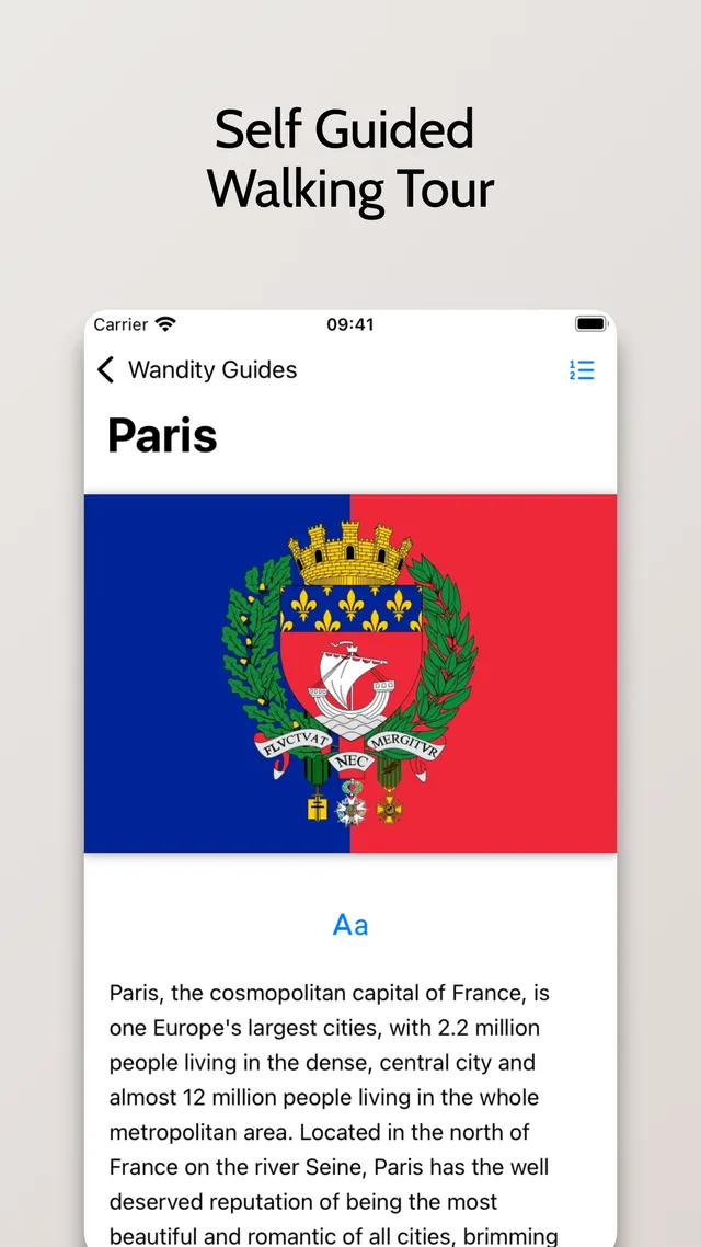 Walking Tour Guides Paris guide screen introducing the self-guided walking tour