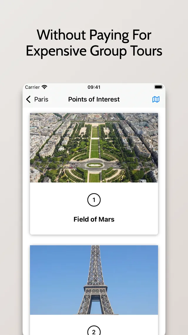 Walking Tour Guides points of interest list for Paris showing stops like Field of Mars and the Eiffel Tower