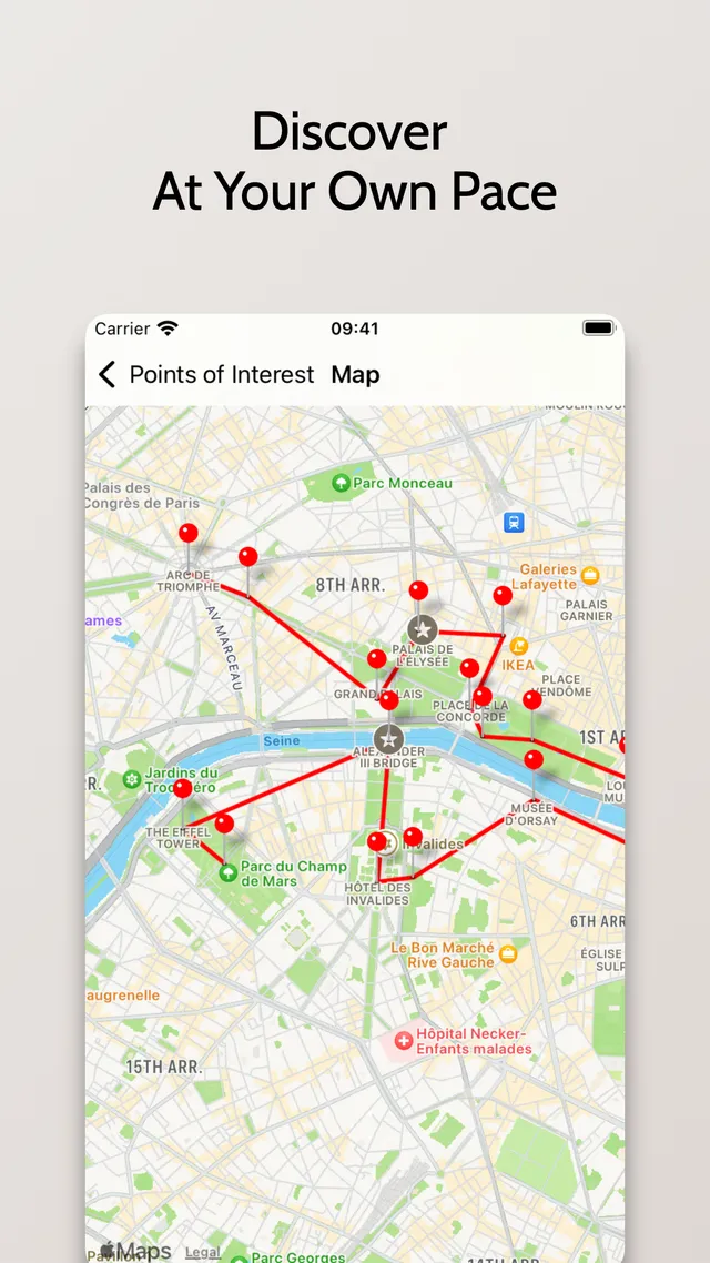 Walking Tour Guides interactive map showing the walking route between Paris points of interest