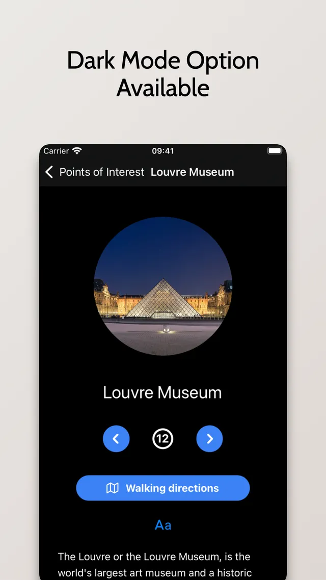 Walking Tour Guides Louvre Museum detail screen shown in dark mode